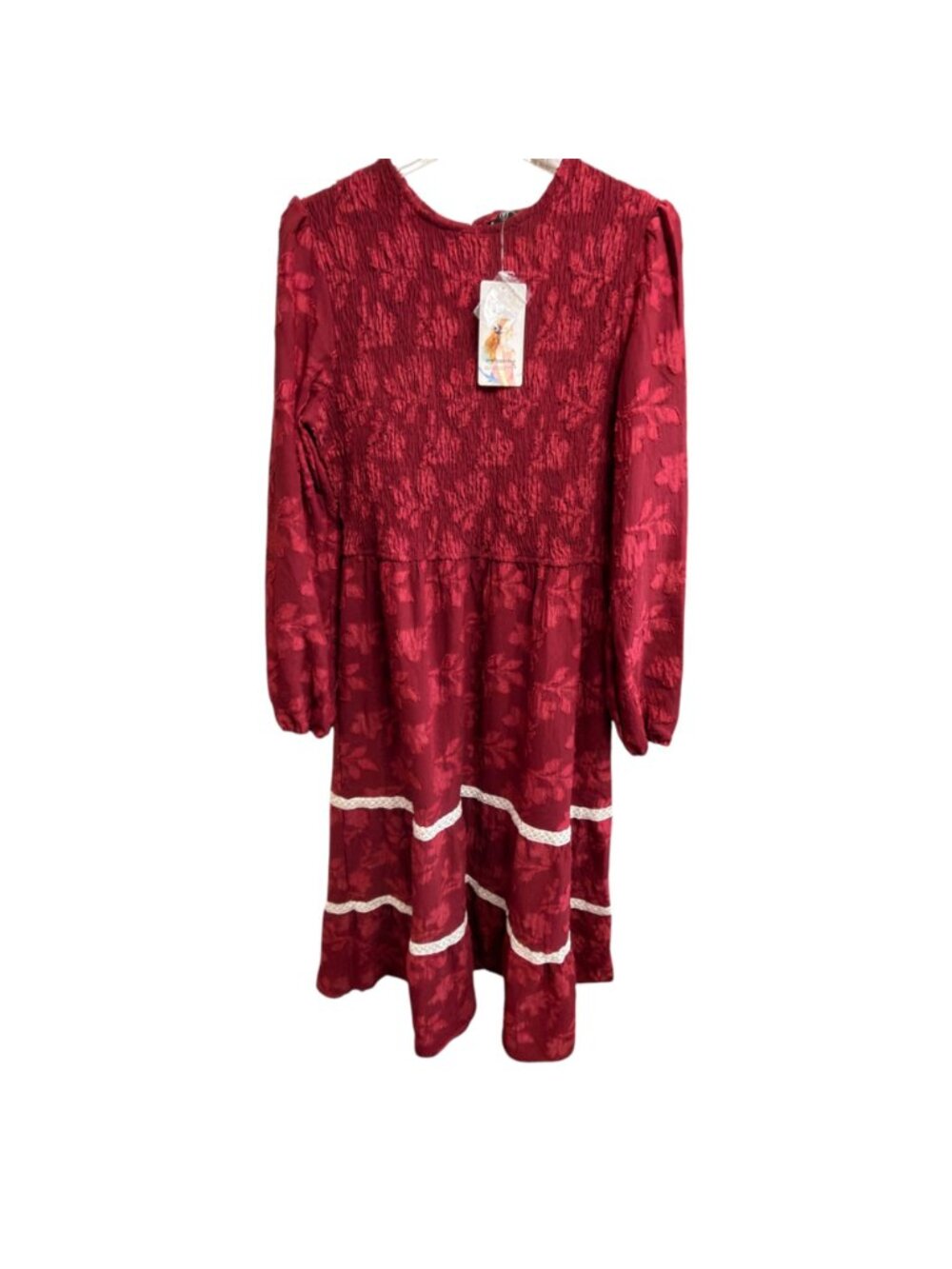 New Dress Modest A-Line Smocked Midi Floral Tiered Lace Sz L Wedding Guest - Picture 3 of 8